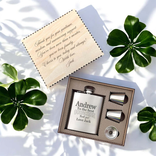 engraved flask set for godfather with name and engraved gift box