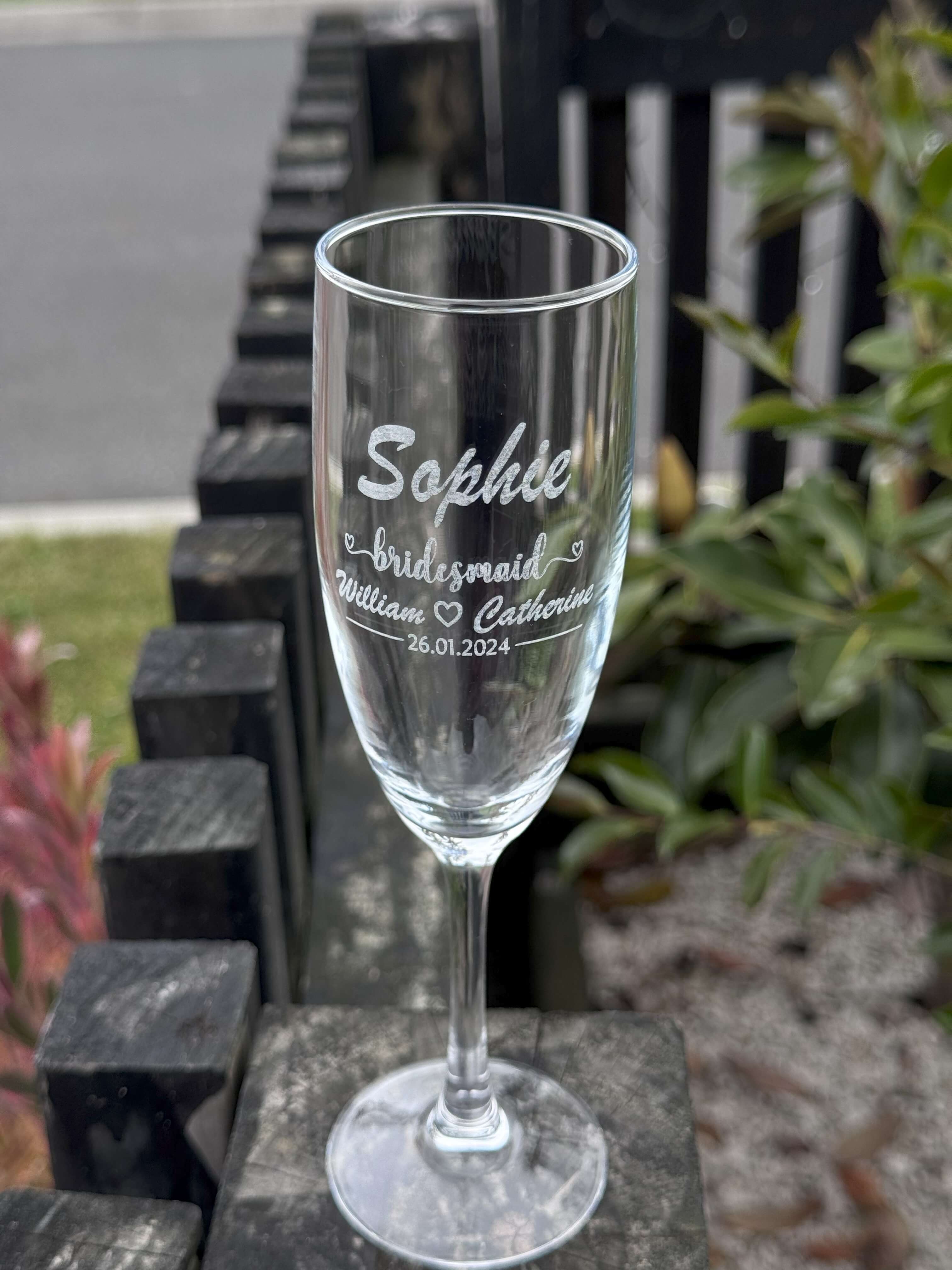 engraved wedding champaign flute for bridesmaid  and name