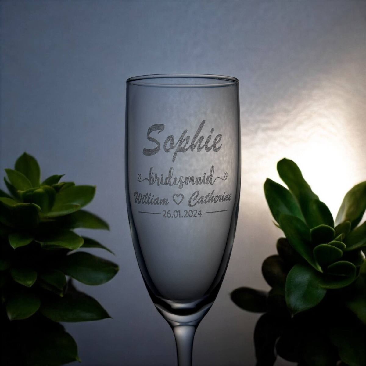engraved wedding champaign flute for bridesmaid  and name