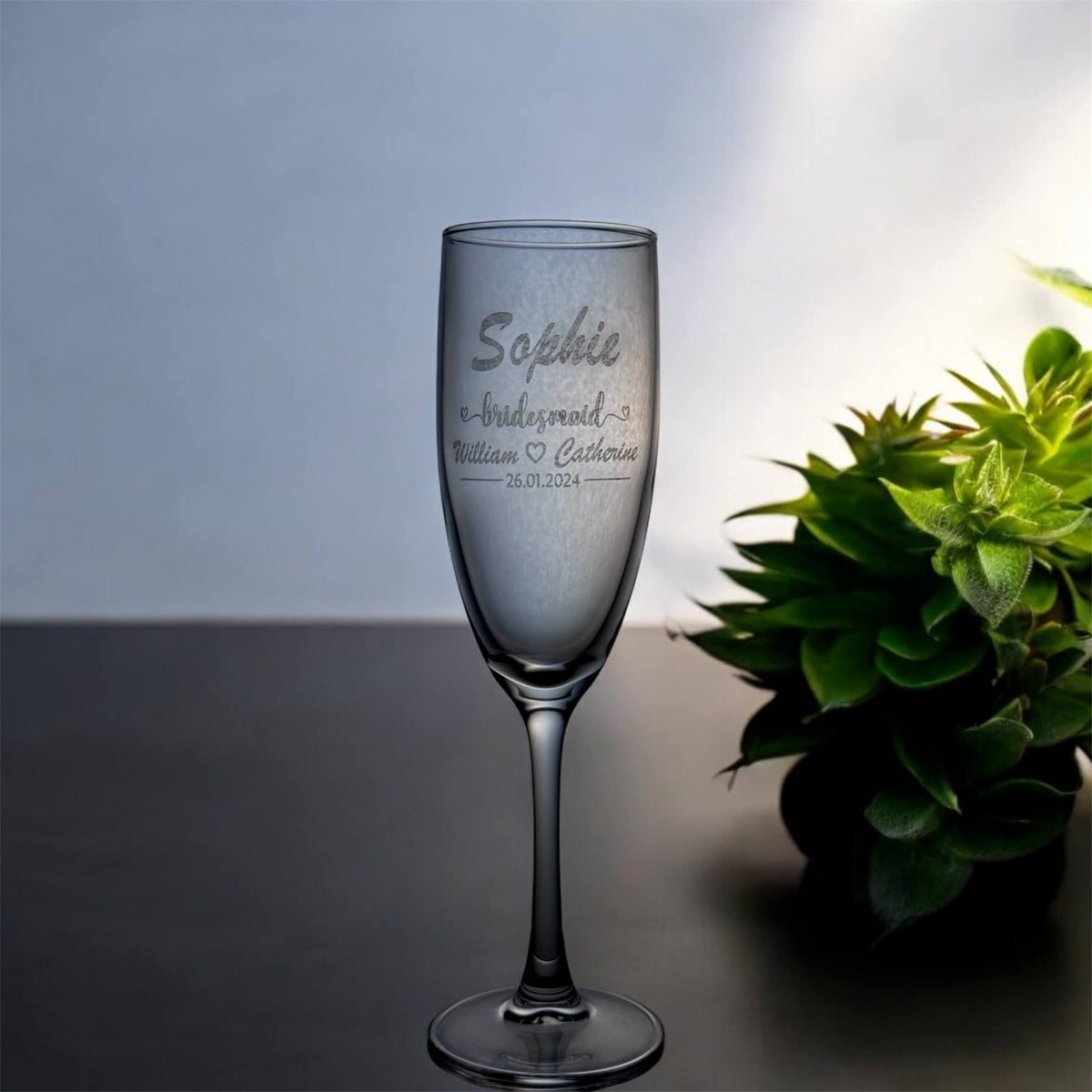 engraved wedding champaign flute with wedding roles and name