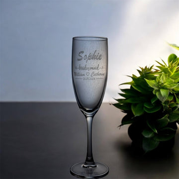 engraved wedding champaign flute with wedding roles and name