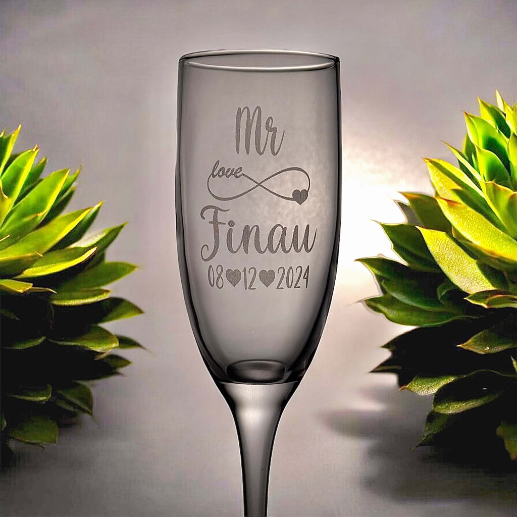 engraved wedding champaign glass with mr