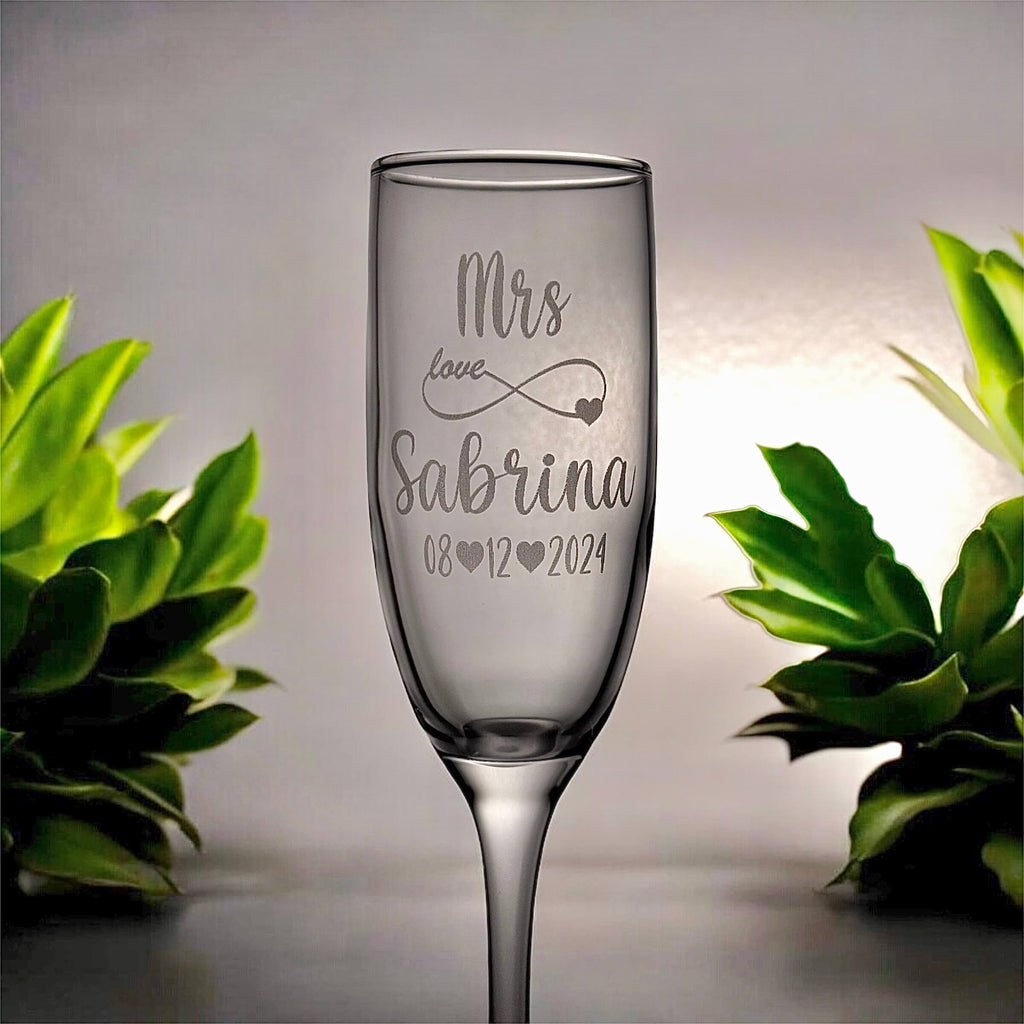 engraved wedding champaign glass with mrs