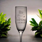 engraved wedding champaign glass with mrs