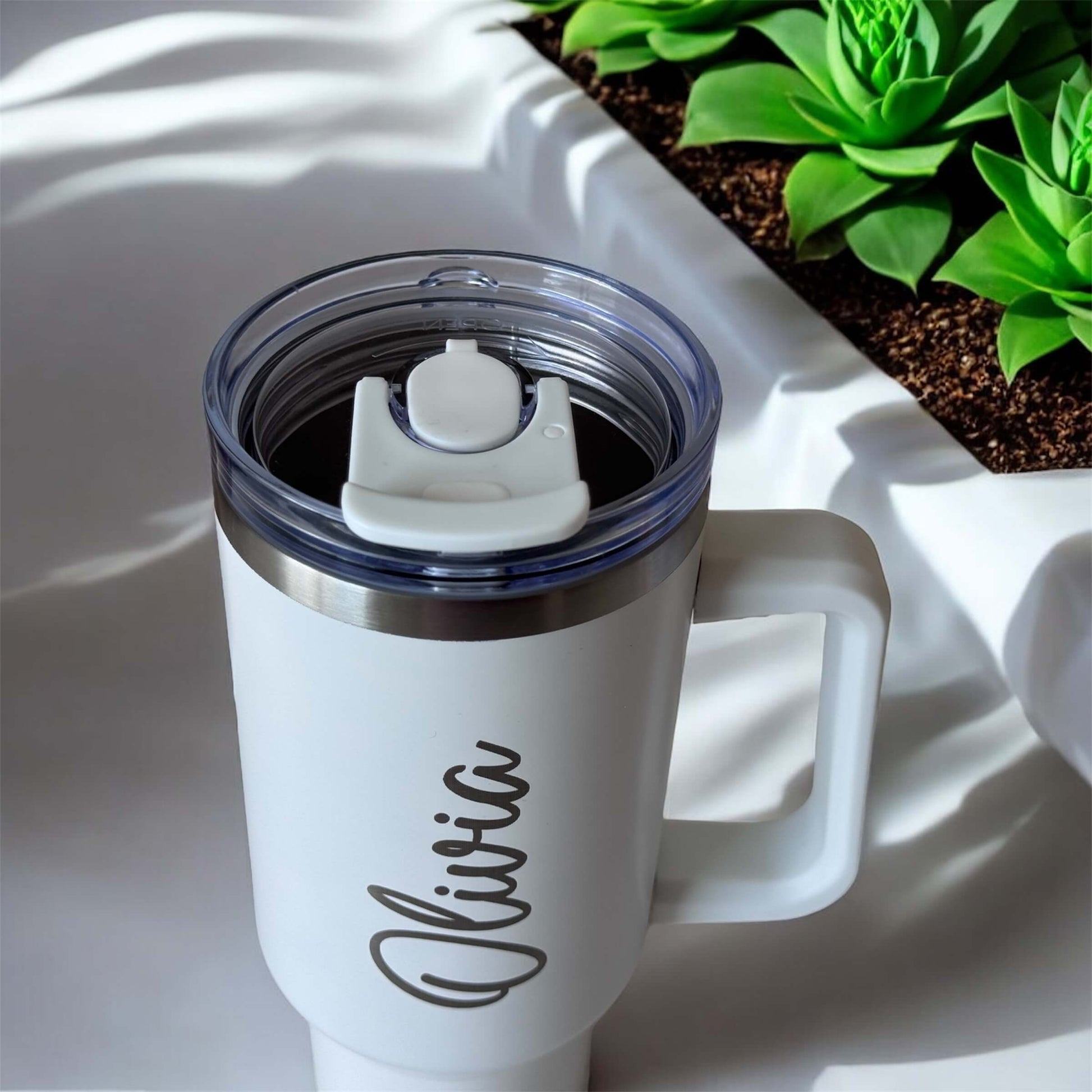 engraved white stainless steel water bottle with name from top