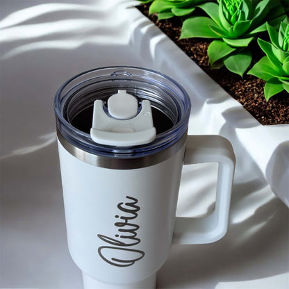 engraved white stainless steel water bottle with name from top