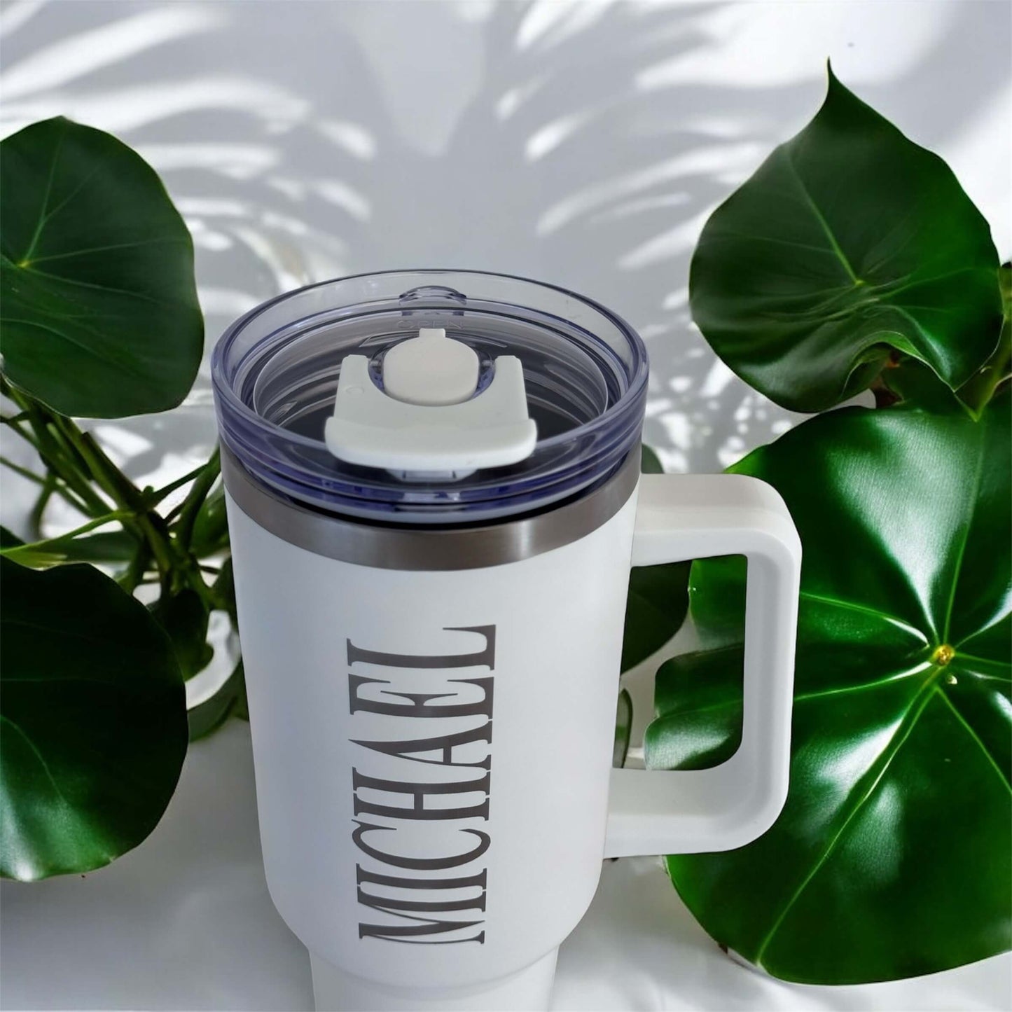 engraved white stainless steel water bottle with name from top with lid