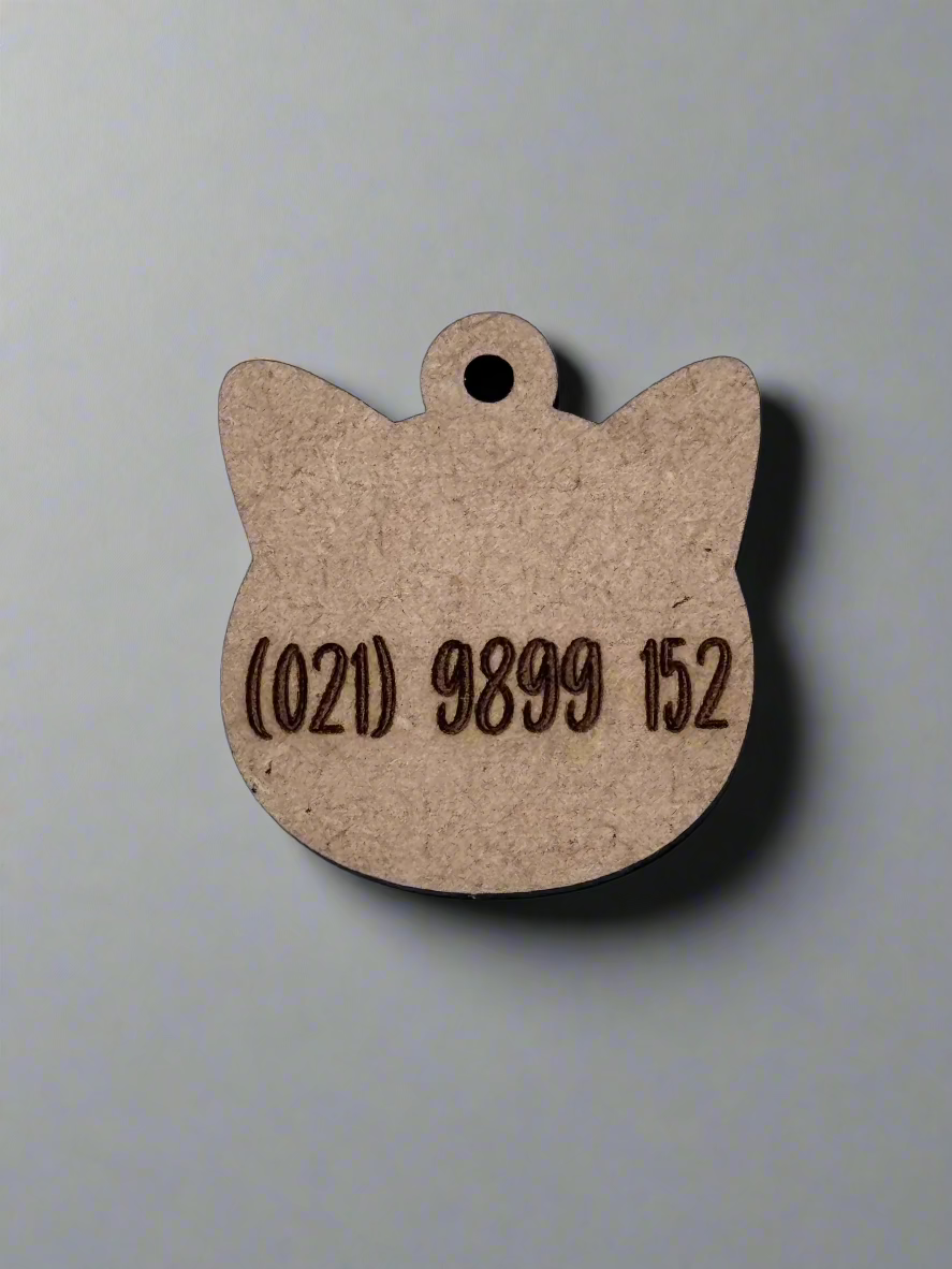 engraved wooden cat id tag in cat face shape with number