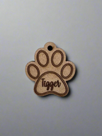 engraved wooden cat id tag in cat paw shape with name