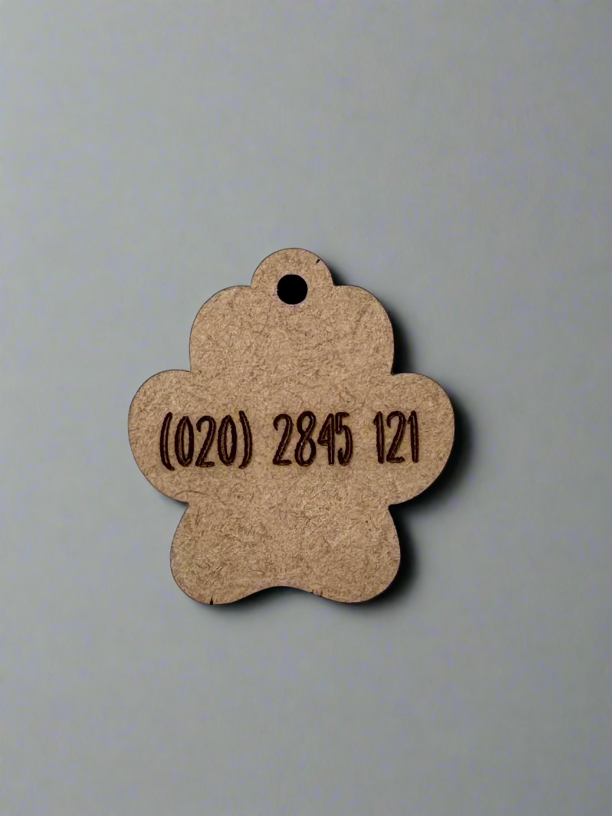 engraved wooden cat id tag in cat paw shape with number