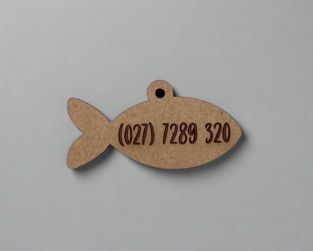 engraved wooden cat id tag in fish shape with number