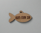 engraved wooden cat id tag in fish shape with number