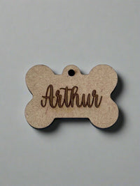 engraved wooden dog id tag in bone  shape with name