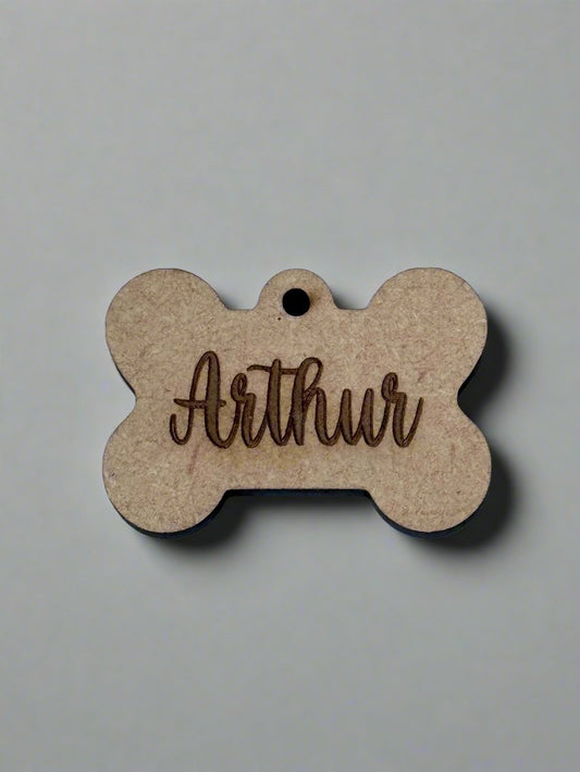 engraved wooden dog id tag in bone  shape with name