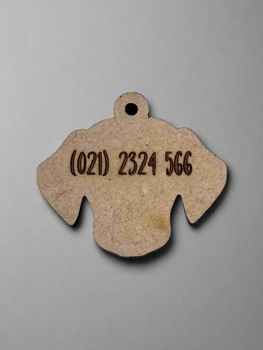 engraved wooden dog id tag in dog face shape with number