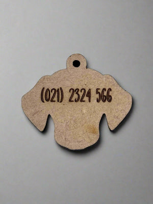 engraved wooden dog id tag in dog face shape with number