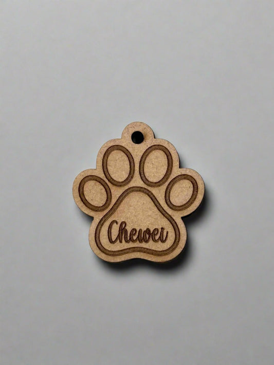 engraved wooden dog id tag in dog paw shape with name