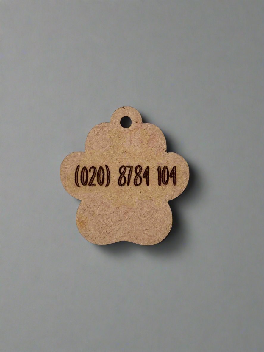 engraved wooden dog id tag in dog paw shape with number