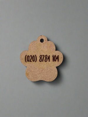 engraved wooden dog id tag in dog paw shape with number
