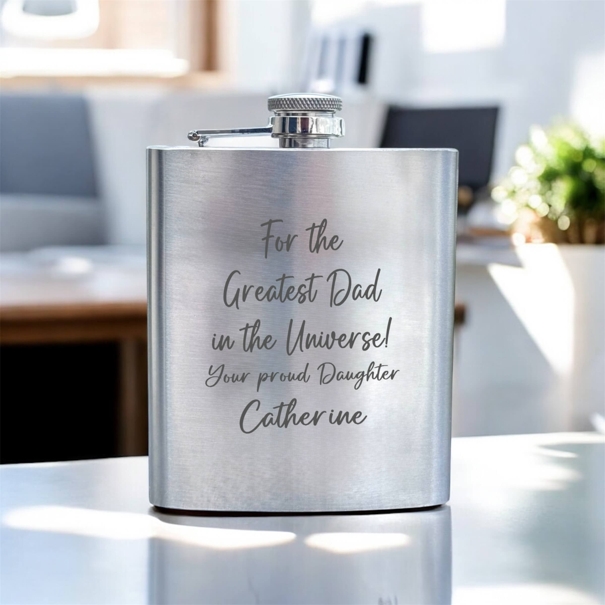 hip flask engraved with for the greatest dad in the universe and name