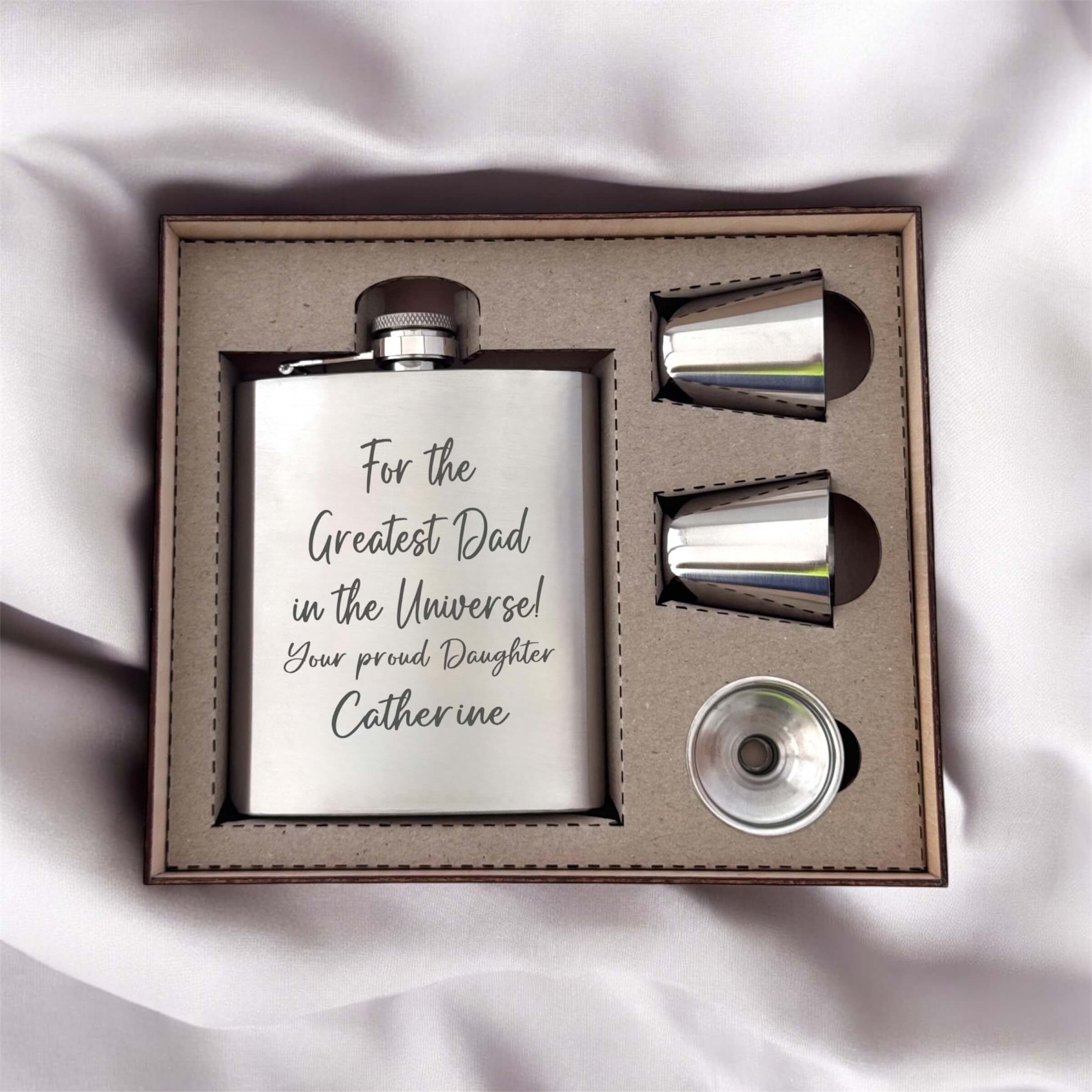 hip flask set engraved with for the greatest dad in the universe and name