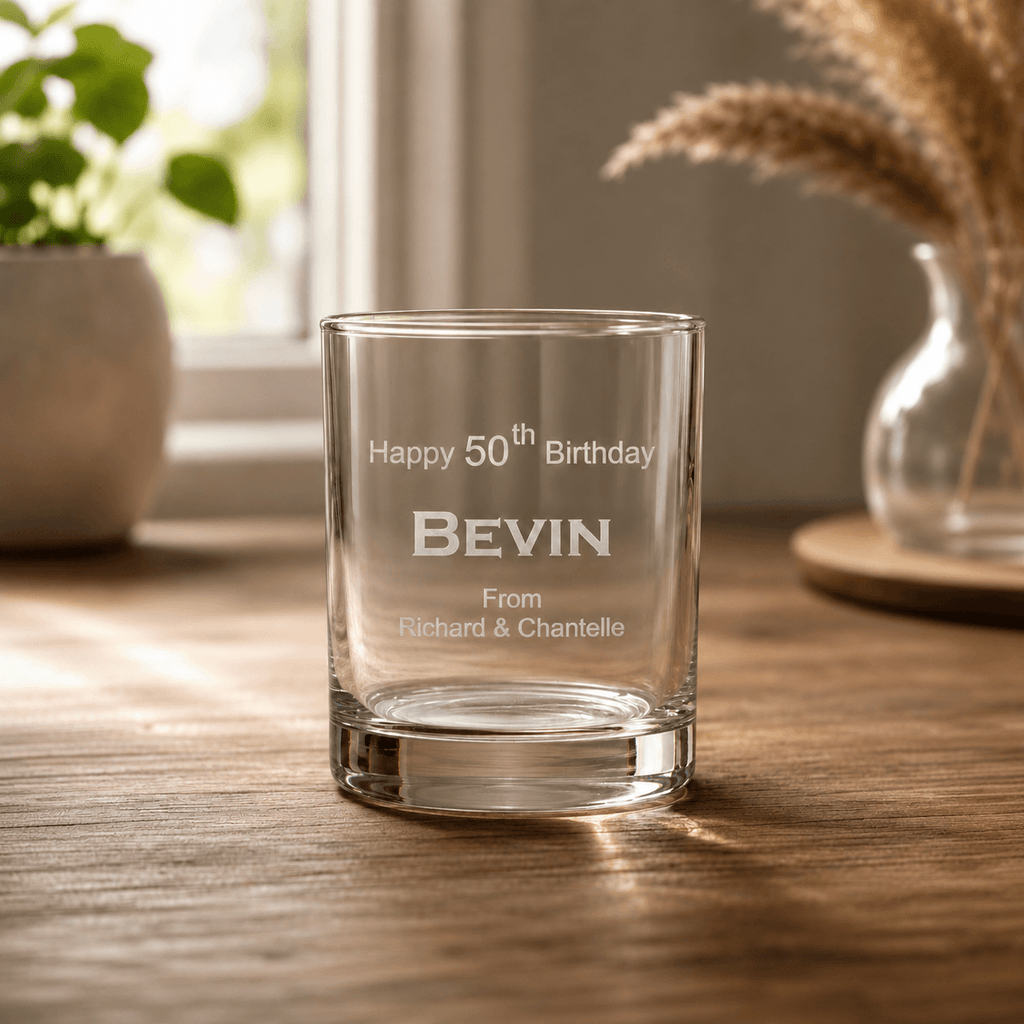 Personalised 50th birthday whiskey glass engraved with name and gift message