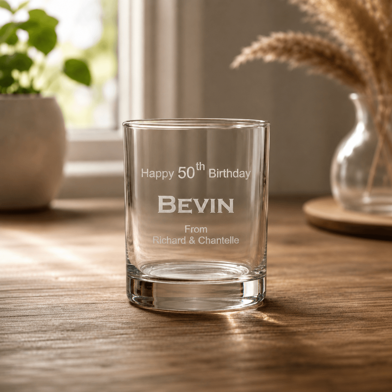 Personalised 50th birthday whiskey glass engraved with name and gift message