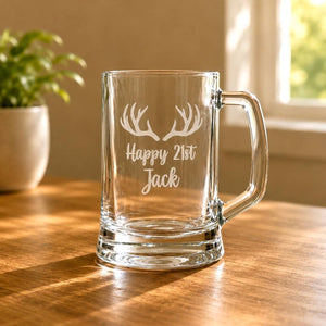 Personalised beer mug engraved with Happy 21st Jack and antler artwork