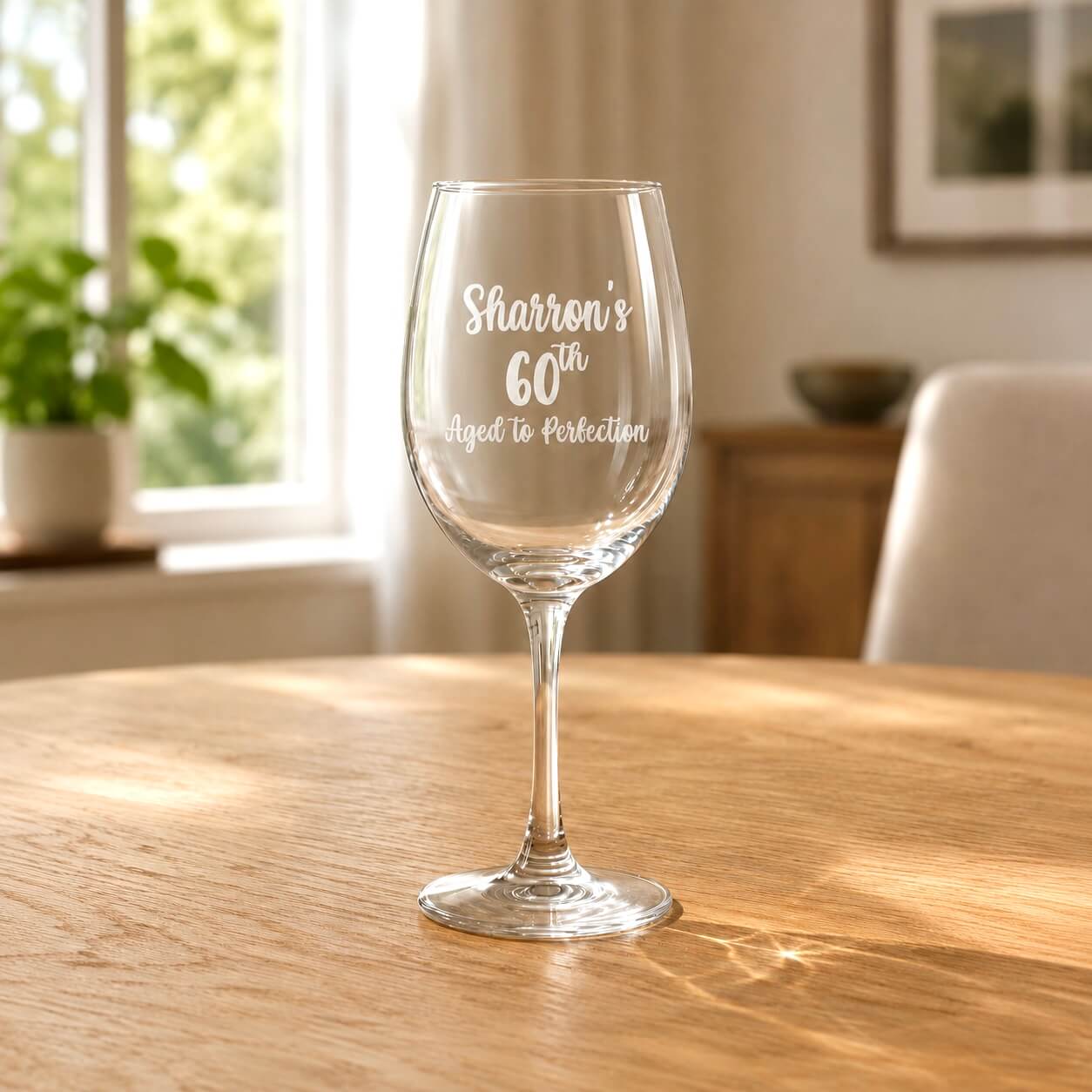 Personalised birthday wine glass engraved with custom name and milestone message