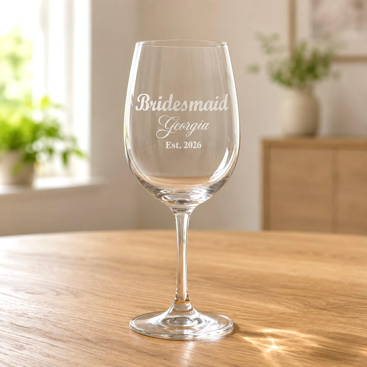 Personalised bridal shower wine glass with frosted bridesmaid Georgia name and Est 2026