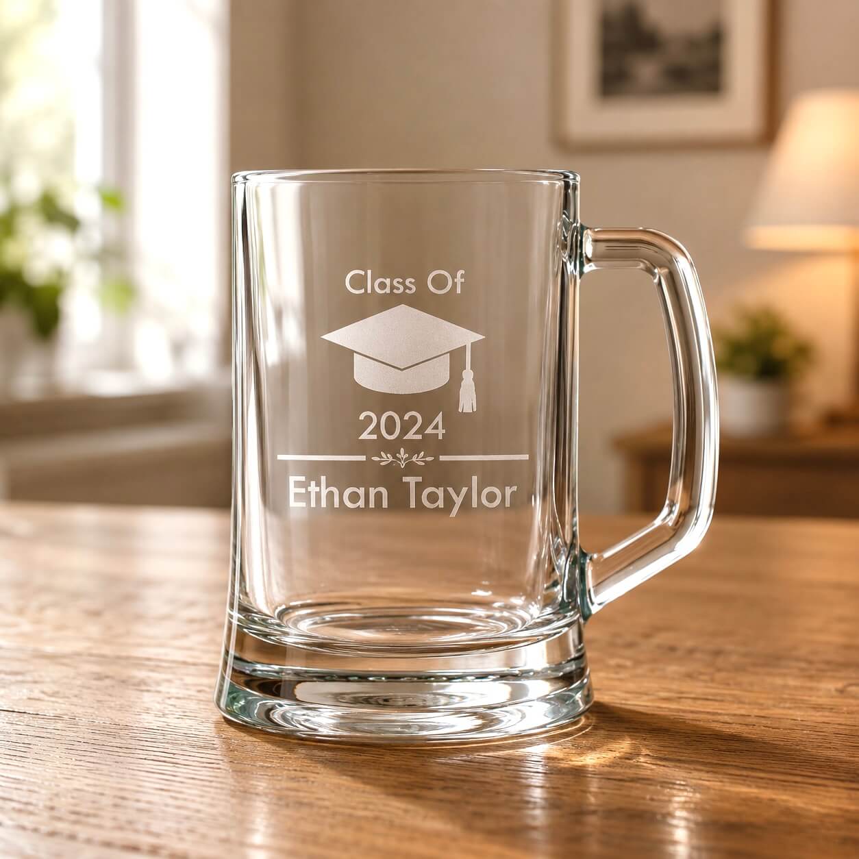 Personalised engraved beer mug graduation gift with Class of 2024 and Ethan Taylor