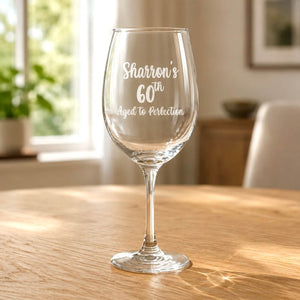 Personalised engraved birthday wine glass with Sharron 60th birthday message