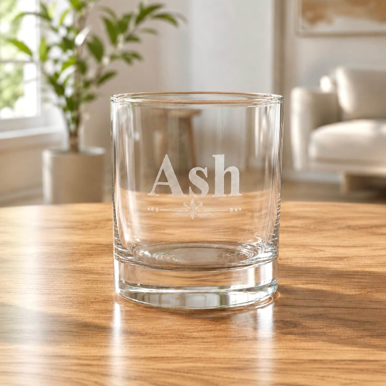 Close up of personalised whiskey tumbler glass engraved with name Ash