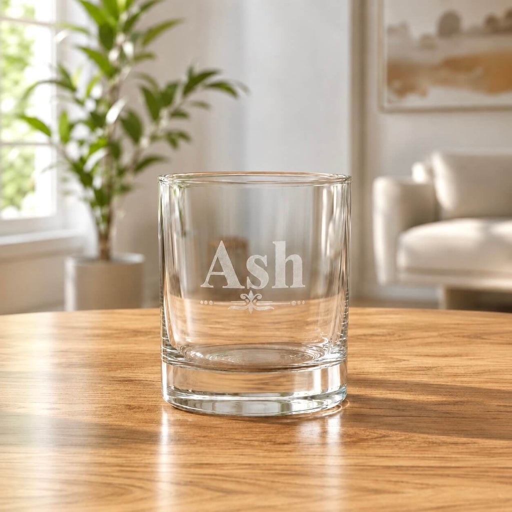 Engraved whiskey tumbler glass with custom name Ash and decorative detail