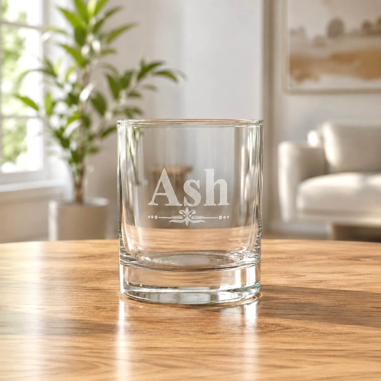 Custom name engraved whiskey glass with Ash design in bright home setting