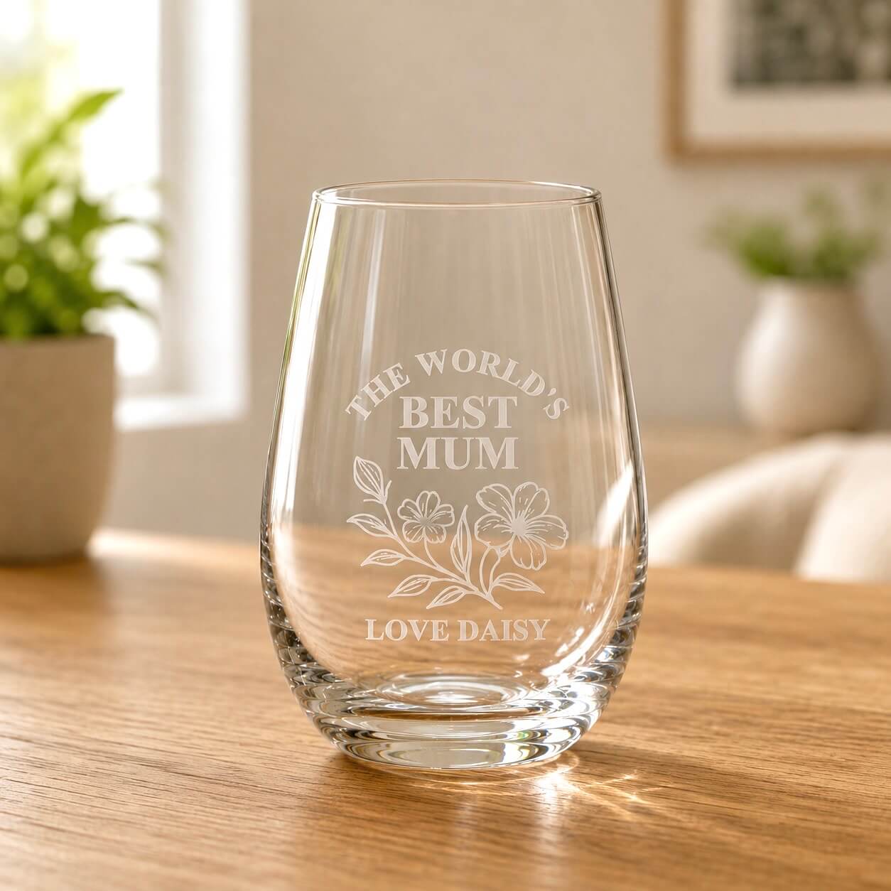 Personalised Mother’s Day stemless wine glass with frosted Best Mum flowers and Love Daisy text