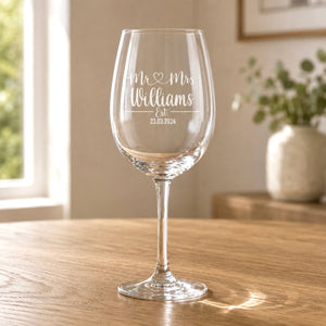 Personalised Mr Mrs wedding wine glass engraved with Williams surname and date