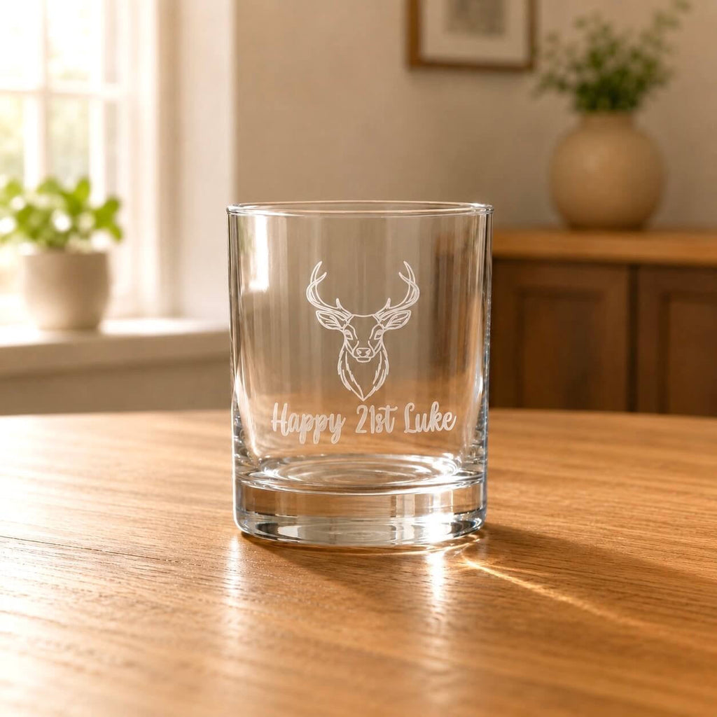 Personalised stag whiskey glass for 21st birthday gift with custom name engraving