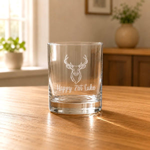 Personalised stag whiskey glass for 21st birthday gift with custom name engraving