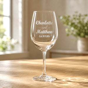 Personalised wedding wine glass engraved with Charlotte and Matthew names and wedding date