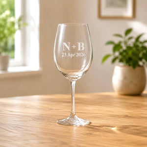 Personalised wedding wine glass engraved with initials and date