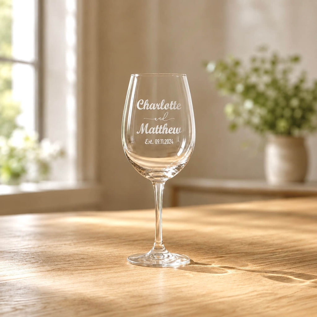 Personalised wine glass with Charlotte and Matthew wedding engraving on wooden table