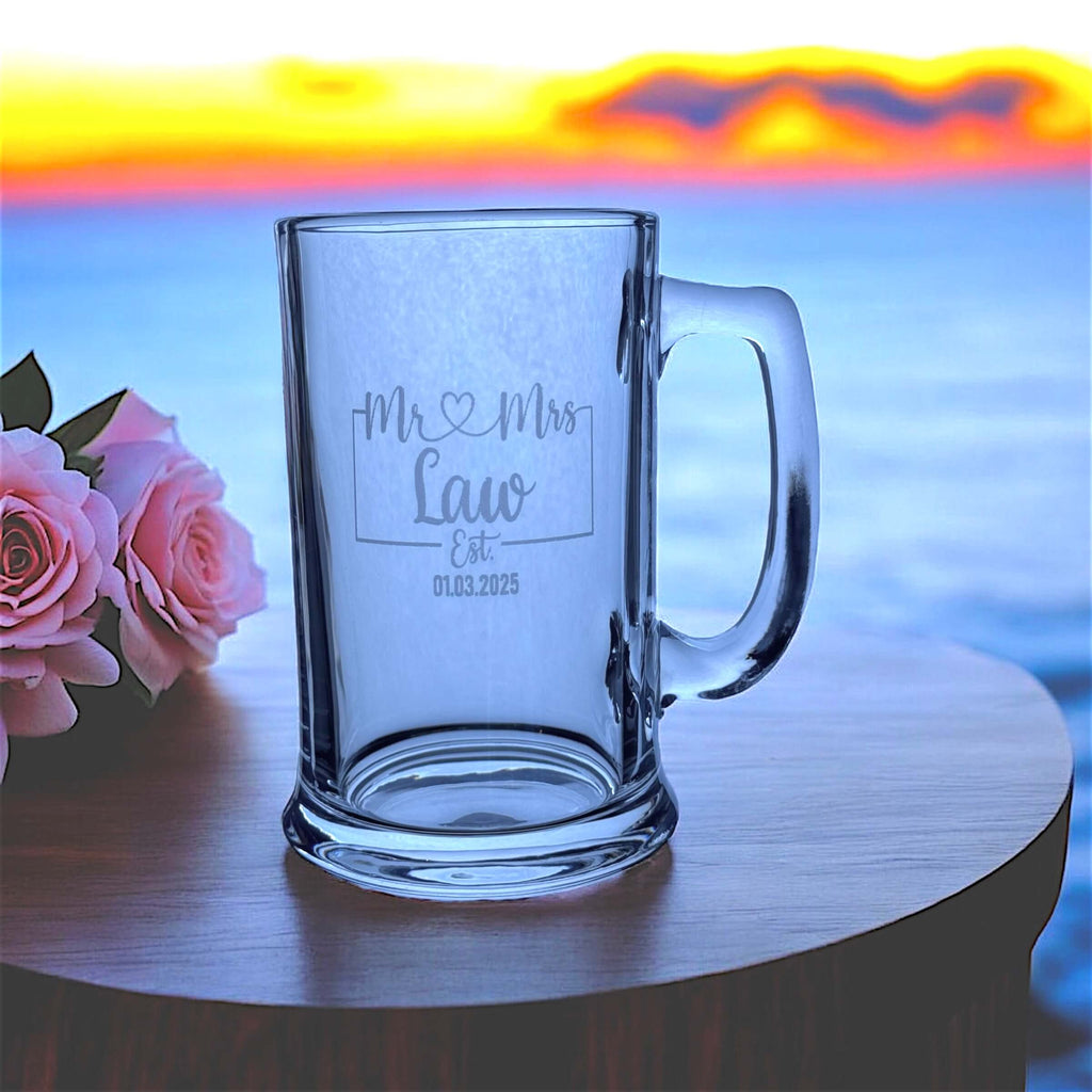 personalised beer glass with mr and mrs for couples