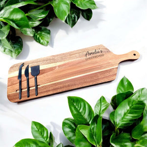 personalised cheese board with knives