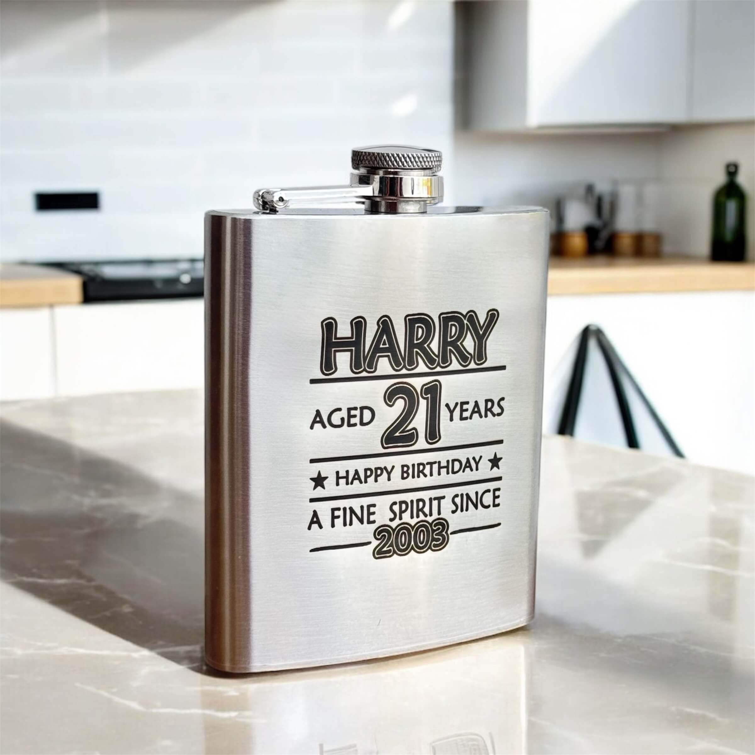 stainless steel hip flask engraved with name, age, happy birthday and year born