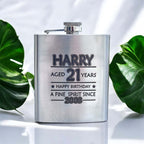 stainless steel hip flask engraved with name, age, happy birthday and year born