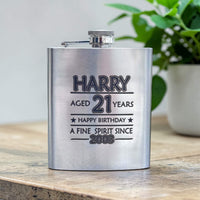 stainless steel hip flask engraved with name, age, happy birthday and year born