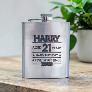 stainless steel hip flask engraved with name, age, happy birthday and year born