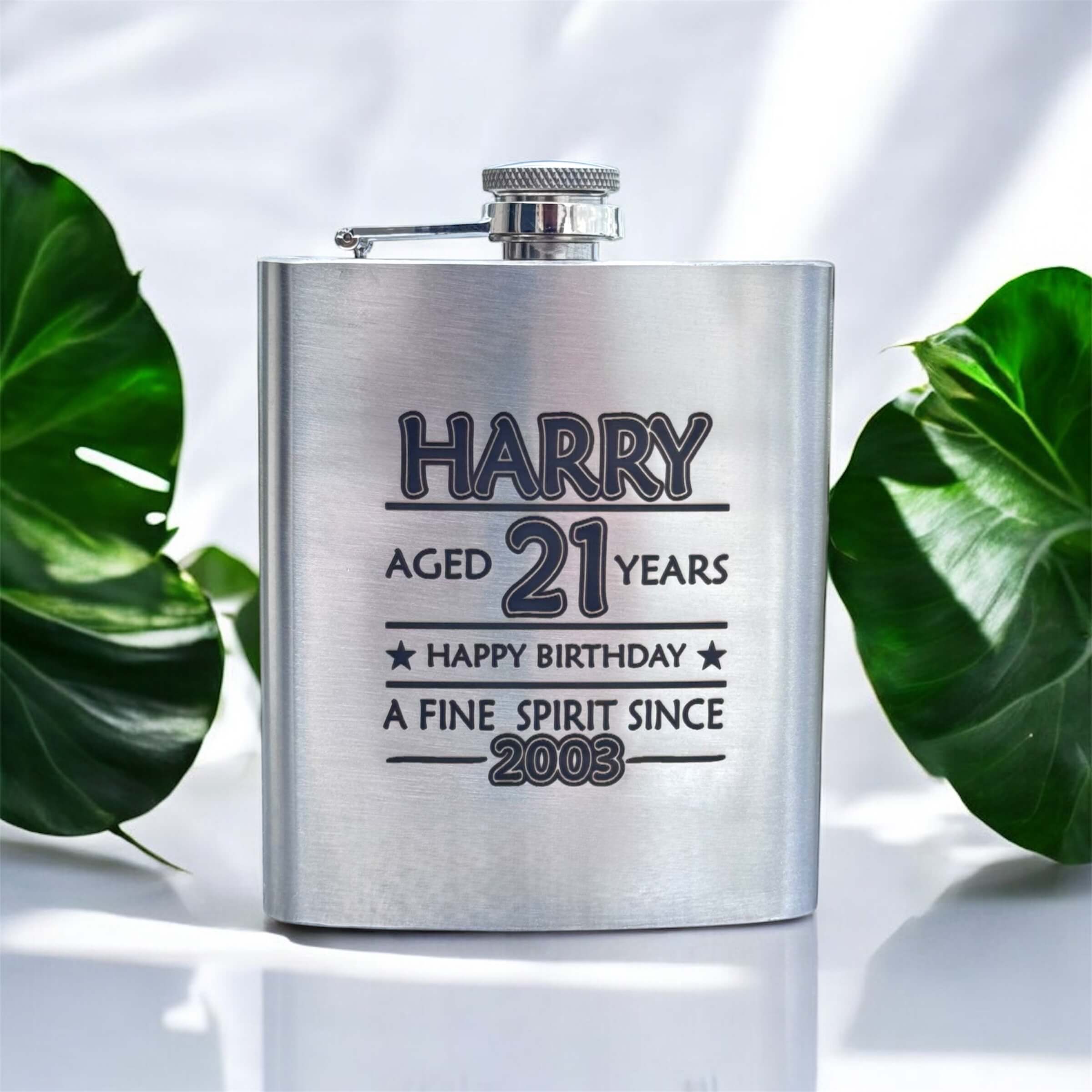 stainless steel hip flask engraved with name, age, happy birthday and year born
