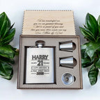 stainless steel hip flask engraved with name, age, happy birthday and year born in a engraved wooden gift box